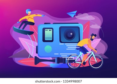 Extreme sportsmen riding a bike and snowboarding, participating in dangerous event. Extreme tourism, shock tourism, extreme industry events concept. Bright vibrant violet vector isolated illustration