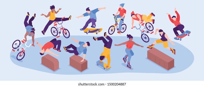 Extreme street sport horizontal narrow vector illustration with group of teenage boys and girls performing roller skating parkour and skateboarding