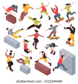 Extreme street sport isometric set with rollers skateboarders and teens engaged in parkour isolated vector illustration