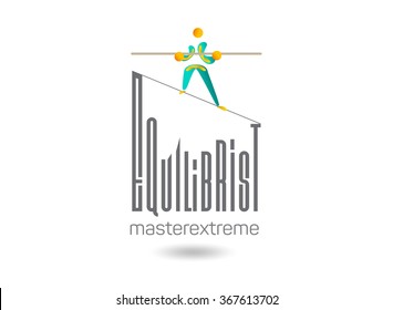 Extreme  studio emblem. Equilibrist on a tightrope between buildings. Logo for the circus, the theater, carnival, show,  business.