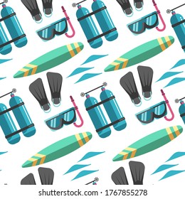 Extreme summer sports seamless pattern. Scuba diving equipment, mask with tube, flippers and aqualung for breathing. Surfboard hobby and recreation on vacation, snorkeling vector in flat style