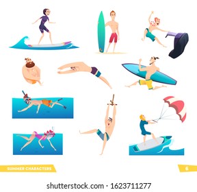 Extreme summer water sport. People and sea activities. Collection of summer characters.