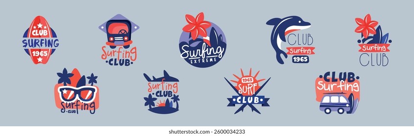 Extreme Surf Club Badge and Logo Design Vector Set