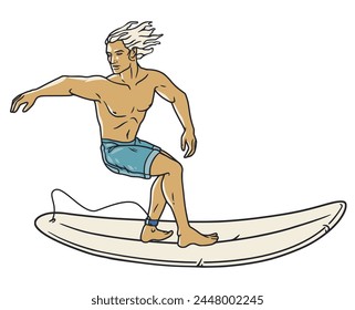 Extreme surfer on surfboard for design of summer beach life. Active man on surf board and wave for surfing or sea sport. Tropical exotic beach element for ocean design.