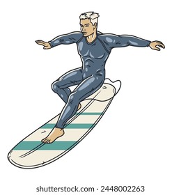 Extreme surfer on surfboard for design of summer beach life. Active man on surf board and wave for surfing or sea sport. Tropical exotic beach element for ocean design.