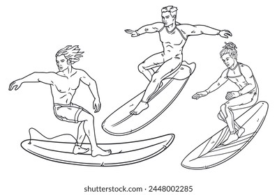 Extreme surfer set on surfboards for design of summer beach life. Active men on surf boards and wave for surfing or sea sport. Tropical exotic beach collection of elements. Monochrome outline style.
