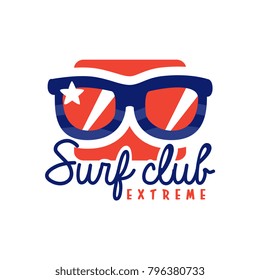 Extreme surfing club logo, windsurfing retro badge with sunglasses vector Illustration