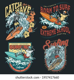 Extreme surfing vintage colorful logos with inscriptions hibiscus flowers skeleton surfers riding waves isolated vector illustration