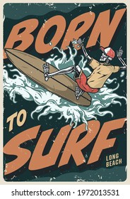 Extreme surfing vintage colorful poster with skeleton in baseball cap shirt and shorts riding wave vector illustration