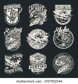 Extreme surfing vintage monochrome prints with skeleton surfers riding waves and skeleton hands showing shaka signs isolated vector illustration