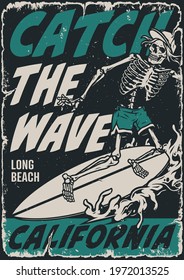 Extreme surfing vintage poster with letterings and skeleton surfer riding ocean wave vector illustration