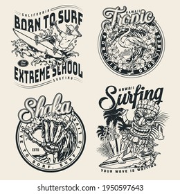 Extreme surfing vintage prints with flamingo palm trees exotic flowers man in tribal tiki mask riding wave skeleton surfer and shaka sign in monochrome style isolated vector illustration