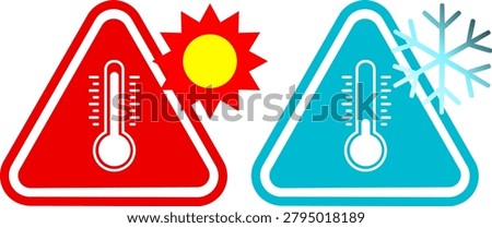 Extreme temperature warning signs with red hot sun icon, cold freezing blue snowflake graphic design vector, isolated caution symbols for weather hazards and climate control
