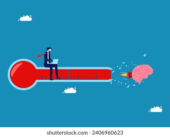 Extreme thinking. Businessman working with brain flying through thermometer