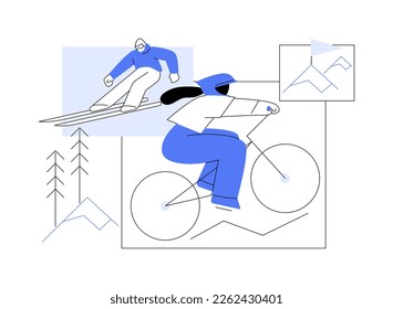 Extreme tourism abstract concept vector illustration. Extreme sports, shock tourism, adrenalin event, dangerous place, ski and snowboard, thrill-seekers, climbing mountains abstract metaphor.