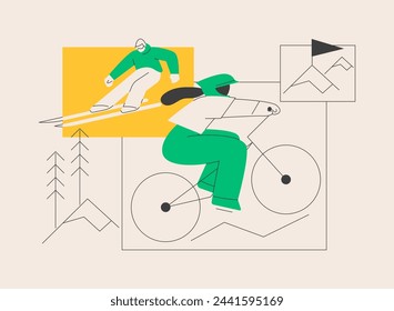 Extreme tourism abstract concept vector illustration. Extreme sports, shock tourism, adrenalin event, dangerous place, ski and snowboard, thrill-seekers, climbing mountains abstract metaphor.