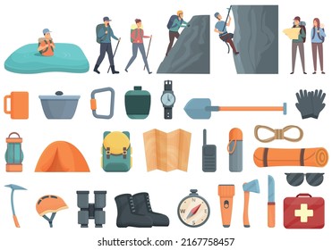 Extreme tourism icons set cartoon vector. Climbing mountain. Winter adrenalin