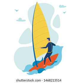 Extreme Tourist Windsurfing Flat Vector Character. Surface Water Sport, Summer Entertainment, Sea Resort Leisure. Trendy Holiday Vacation Activity, Hobby. Ocean Water Wave and Splashes