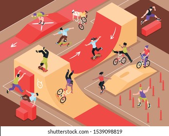 Extreme urban sport isometric background with teens riding skateboard rollers and bicycle on city skate ramp vector illustration