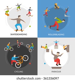 Extreme urban sports flat icons composition square concept vector illustration  