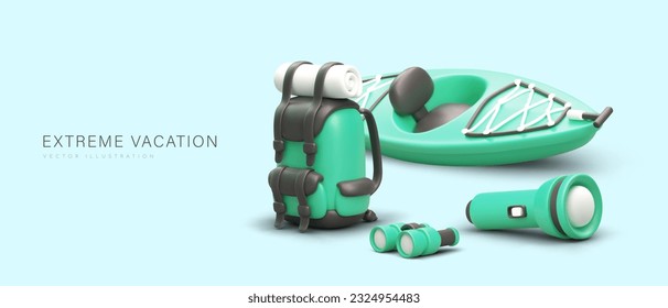 Extreme vacation. Realistic backpack, kayak, binoculars, flashlight. River trip, kayaking. Horizontal banner in green color. Equipment for modern tourism