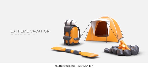 Vacaciones extremas. Tienda realista, mochila, aar, chimenea. Concepto publicitario para negocios turísticos. Promoción de un estilo de vida saludable. Venta de equipos turísticos. Guía, servicios de instructor