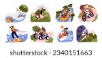 Extreme vacation set. Different people like adrenaline summer sport, action hobby. Persons do enduro, climbing, jumping, surfing, activity on sea, mountain. Flat isolated vector illustration on white