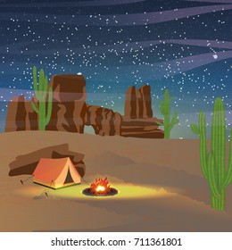 Extreme Vacation With A Tent For Tourism. Desert And A Canyon Of Red Stone. Bonfire. The Night Sky With Stars, Meteorites And Clouds. Vector Landscape. Traveling Vector Illustration