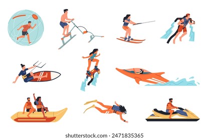 Extreme water activities. Sea lifestyle people, summer sport leisure, wakeboarding, surfing, canoeing and flyboarding, Beach summer leisure cartoon flat style isolated nowaday vector set