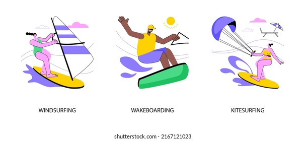 Extreme water fun abstract concept vector illustration set. Windsurfing and wakeboarding, kitesurfing flying adventure, wind speed, ocean wave, beach holiday, boat cable, freestyle abstract metaphor.