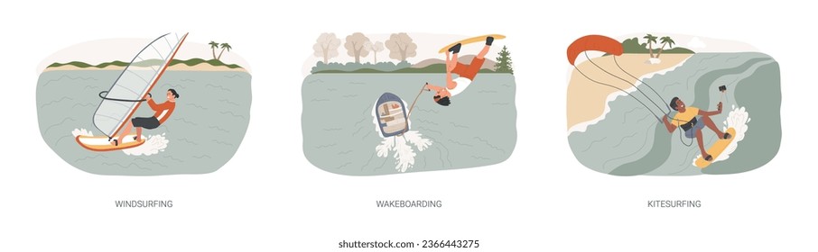 Extreme water fun isolated concept vector illustration set. Windsurfing and wakeboarding, kitesurfing flying adventure, wind speed, ocean wave, beach holiday, boat cable, freestyle vector concept.