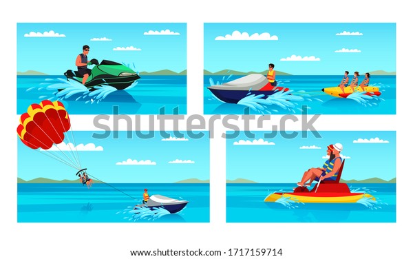 Extreme water sport amusement during summer
vacation set. Happy people tourists riding banana and pedal boat,
driving jet ski, enjoying parasailing. Man woman jumping over
waves. Vector
illustration