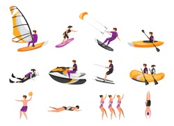 Extreme Water Sport Flat Vector Illustrations Set. Surfing, Canoeing, Kayaking. Scuba Diving. Water-skiing Sportsman. Synchronized Swimming Athletes. Sports People Isolated Cartoon Characters