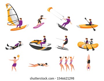 Extreme water sport flat vector illustrations set. Surfing, canoeing, kayaking. Scuba diving. Water-skiing sportsman. Synchronized swimming athletes. Sports people isolated cartoon characters