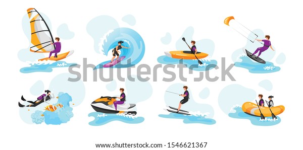 Extreme water sport flat vector illustrations\
set. Surfing, canoeing, kayaking. Scuba diving. Water-skiing\
sportsman. Kitesurfing athlete. Couple on boat. Sports people\
isolated cartoon\
characters
