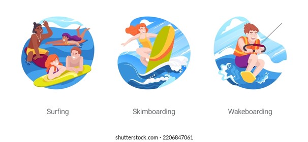 Extreme water sport isolated cartoon vector illustration set. Group of happy teenagers surfing together, teen skimboarding, riding wave, having fun wakeboarding, wake park vector cartoon.