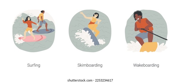 Extreme water sport isolated cartoon vector illustration set. Group of happy teenagers surfing together, teen skimboarding, riding wave, having fun wakeboarding, wake park vector cartoon.