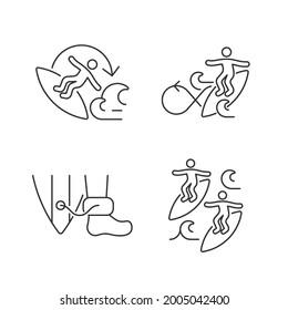 Extreme water sport linear icons set. 360 surfing maneuver. Wearing surfboard leash. Catching waves. Customizable thin line contour symbols. Isolated vector outline illustrations. Editable stroke