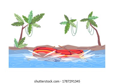 Extreme water sport semi flat vector illustration. Water trip on rubber boat. Inflatable dinghy in flowing stream. Recreation activity. River transport 2D cartoon landscape for commercial use