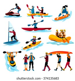 Extreme water sports flat color icons set with people in rafting surfing canoeing kayaking windsurfing isolated vector illustration 