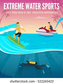 Extreme water sports flat composition tropical vacation poster with underwater snorkeling scuba flinsmimming and waterboarding vector illustration 