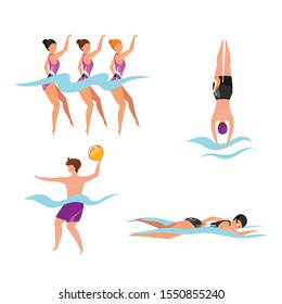 Extreme water sports flat vector illustrations set. Synchronized swimming athletes. Man playing volleyball in water. Swimmers in pool, sea, ocean. Active lifestyle isolated cartoon characters