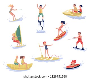 Extreme water sports set, waterski, flyboarding, windsurfing, surfing, paddleboarding, wakeboarding water sport activities cartoon vector Illustrations