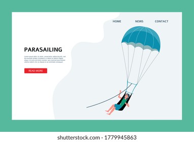 Extreme Water Sports Website Banner Interface With Parasailing Girl, Flat Vector Illustration. Landing Page Or Site Header For Summer Extreme Sport And Entertainment.