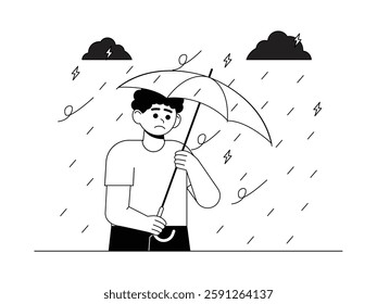 Extreme weather can cause natural disasters and disrupt social activities, black and white outline style, social issue vector illustration.