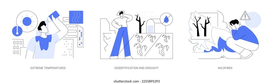 Extreme weather conditions abstract concept vector illustration set. Extreme temperatures, desertification and drought, wildfires and heat as environmental problem, climate change abstract metaphor.