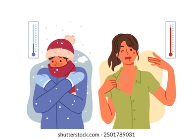 Extreme weather conditions cause problems for people suffering from winter cold and summer heat. Man suffers because of snow and woman feels exhausted in hot weather, for concept of climate change