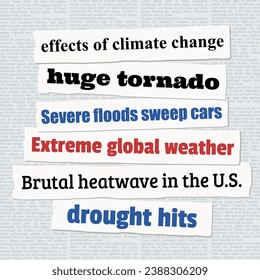 Acontecimientos meteorológicos extremos y cambio climático. Titulares de noticias de periódicos.