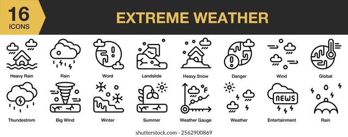 Extreme Weather icon set. Includes word, rain, wind, global, danger, and More. Outline icons vector collection.