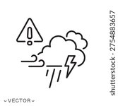 extreme weather icon, warn of dangerous meteorological conditions, storm cloud, weather alert concept, thin line symbol isolated on white background, editable stroke eps 10 vector illustration